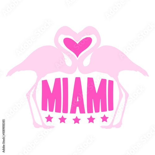 Miami USA Flamingo Bird America Florida Travel Fun Design Lover Art Vector Illustration Card T-Shirt Poster Sticker Graphic Print Decorative Drawing Isolated Logo Decoration Symbol Creative Cool Style