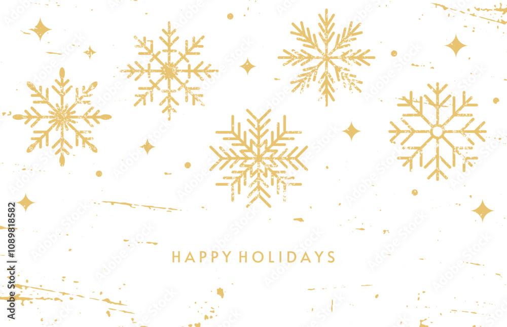Christmas background with grunge texture. Golden snowflakes on white background. New Year vintage banner with grainy noise. Happy holidays. Random falling snow. Vector retro illustration.