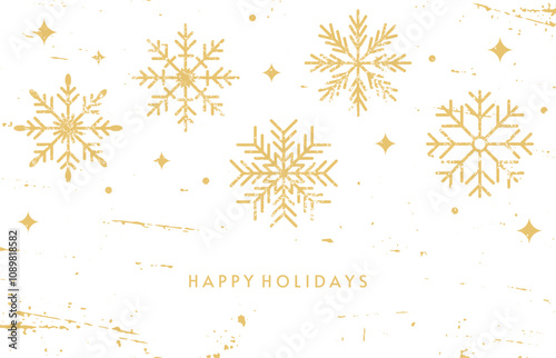 Christmas background with grunge texture. Golden snowflakes on white background. New Year vintage banner with grainy noise. Happy holidays. Random falling snow. Vector retro illustration.