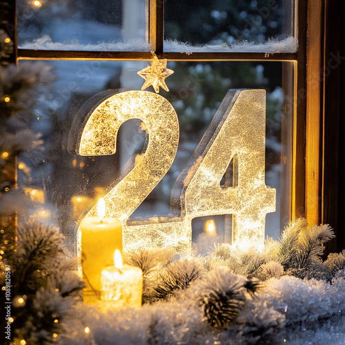 Lichtdekoration zum  24. Dezember. Advent mit der Zahl 24 und Kerzen

 photo