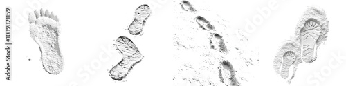 Footprints in Snow – Impressions Left by Footsteps on a Snowy Surface Isolated on Clear White Background Highly Detailed 