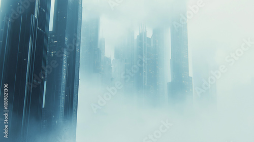 Stadtlandschaft im Nebel mit Wolkenkratzern und sanftem Licht

 photo