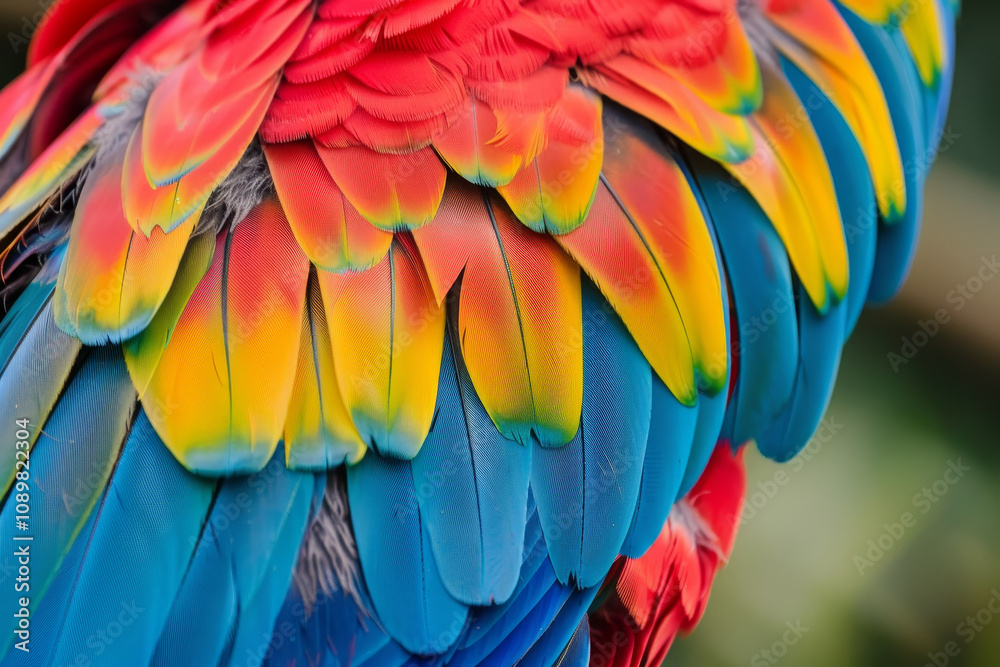 Obraz premium Colorful feathers of a parrot exhibit striking red, blue, and yellow hues, showcasing the beauty of nature in a vibrant tropical environment