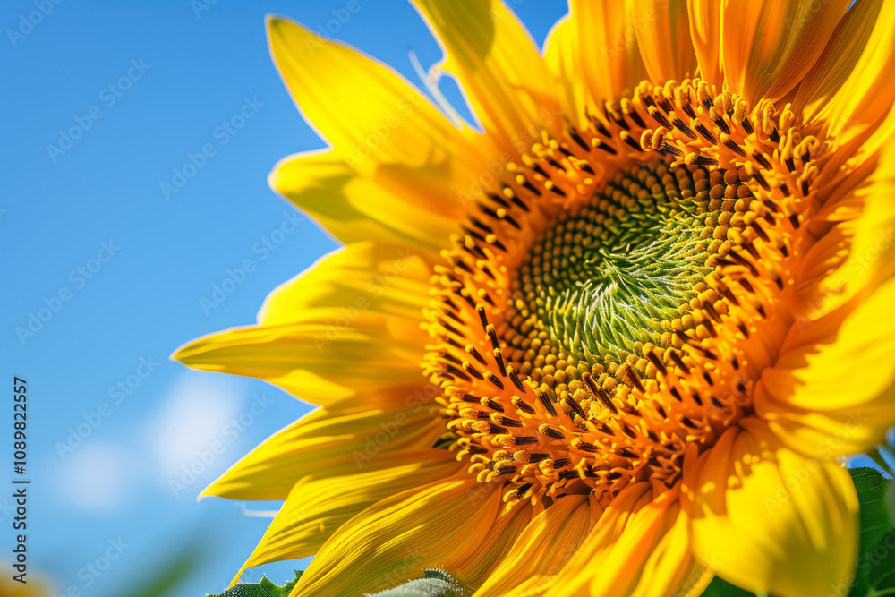 Naklejka premium A large sunflower stands proud against a cloudless sky, displaying its vibrant yellow petals and detailed green center. It captures the essence of late summer
