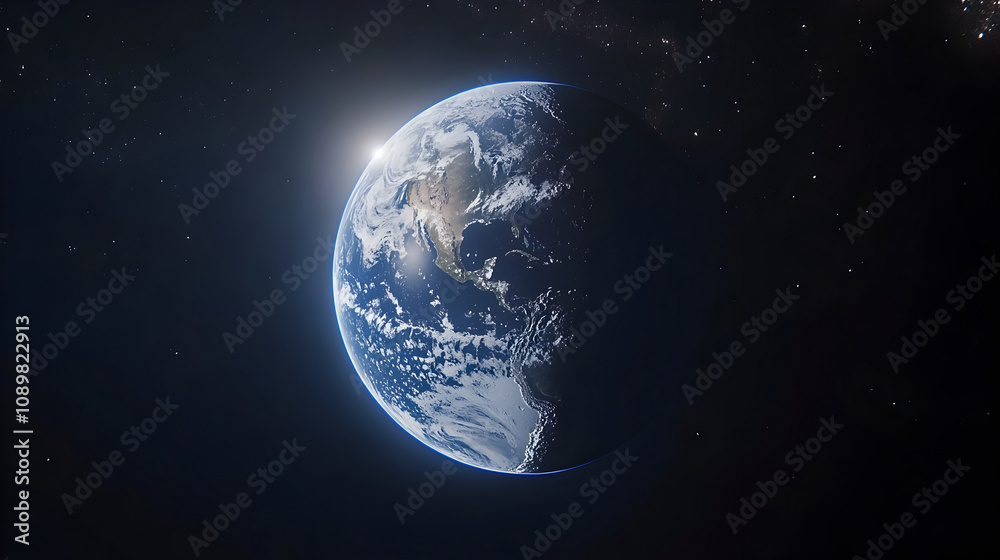 Obraz premium Beautiful View of Earth from Space with Sunlight Reflecting on the Blue Planet's Surface