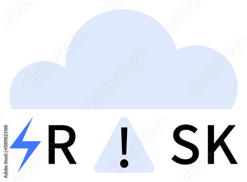 Cloud with lightning bolt, exclamation mark, and letters forming RISK. Ideal for cybersecurity, data protection, technological threats, cautionary measures, risk assessment, cloud vulnerabilities IT