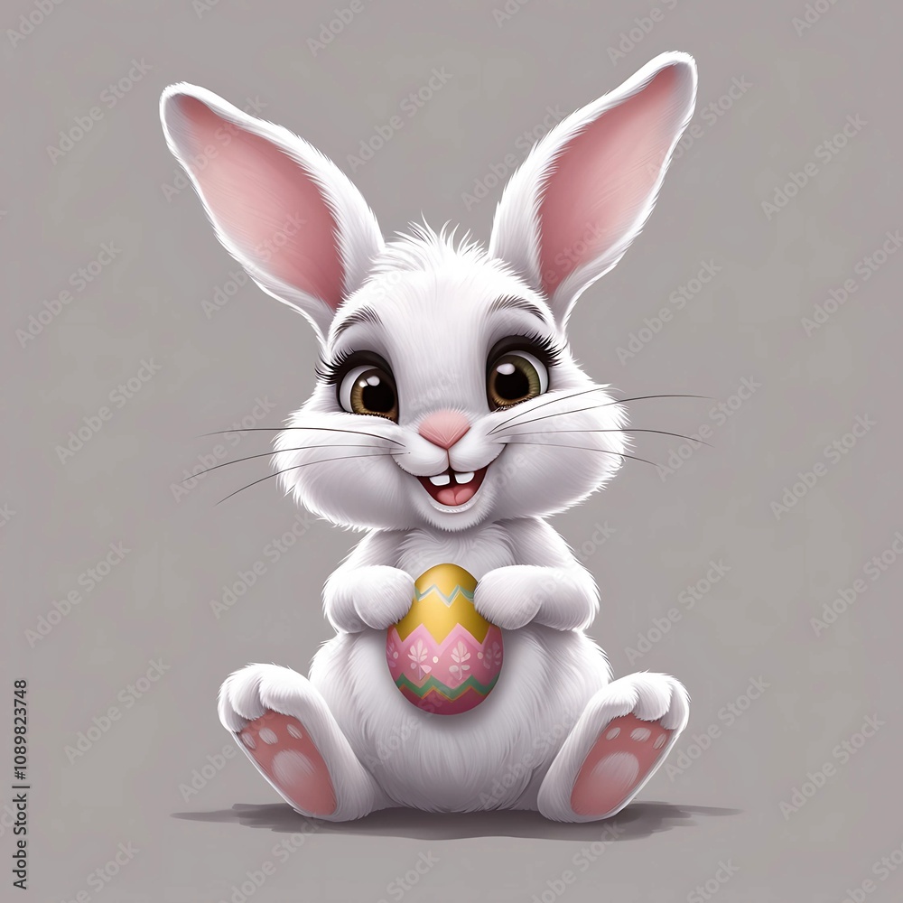 Fototapeta premium Cute white rabbit holding a colorful Easter egg with a joyful expression in a simple background setting