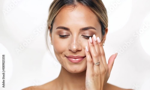 Beauty Portrait of Young Woman Touching Flawless Skin