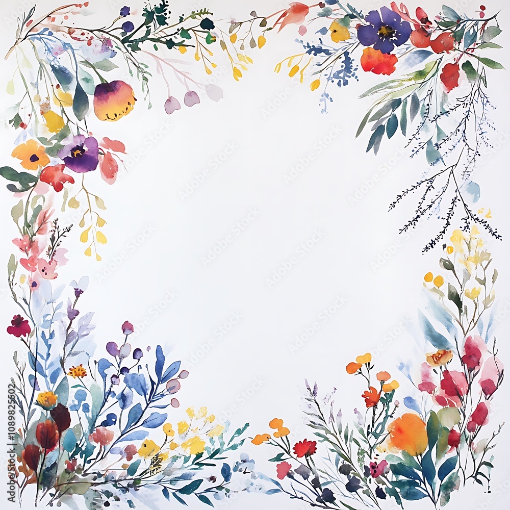Fototapeta premium Watercolor Floral Border with White Center