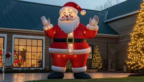 Giant Inflatable Santa Claus Yard Decoration: The Iconic Gift-Giving Legend From Christian Tradition Spreading Holiday Cheer On Christmas Eve.