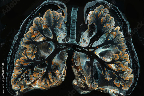 This view highlights the complex inner architecture of human lungs, illustrating the bronchial tree and alveoli in a vibrant and informative display photo