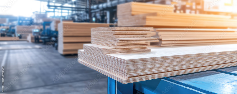 Fototapeta premium Modern plywood manufacturing plant with machineries, woodworking industry