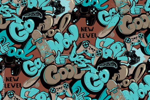 Graffiti words seamless pattern with skateboard, gamepad for kids, teenagers textile, fashion clothes, wrapping paper. Repeated print with graffiti text Cool, wow, go.