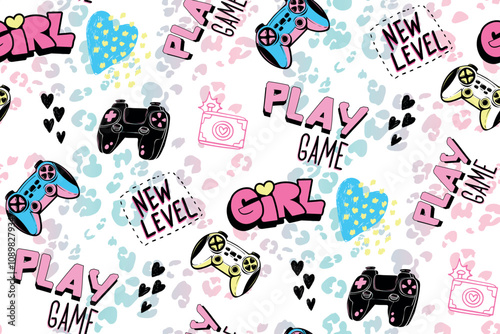 ПечатьAbstract seamless gamepad pattern with text New level, Play game, Girl, Hearts sketch sign, photo camera. Teenager gaming repeat print for girl textile, clothes, wrapping paper.