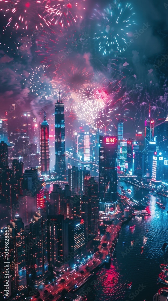 Obraz premium Fireworks explode over a modern cityscape at night.