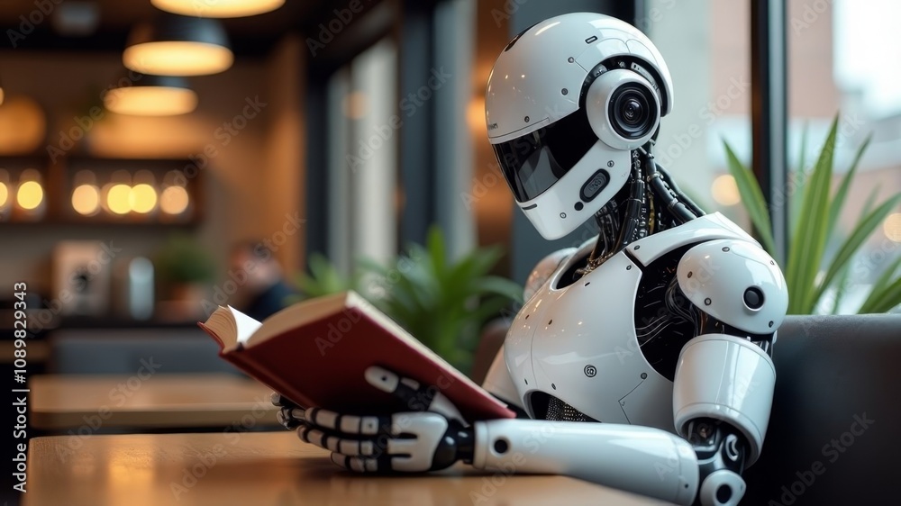 Fototapeta premium cyborg reading a book sitting in a cafe