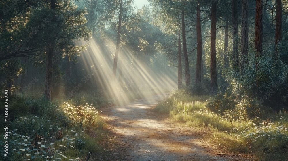 Fototapeta premium The pine forest road was illuminated by bright rays of sunlight. Morning sun beams in a gorgeous landscape. 