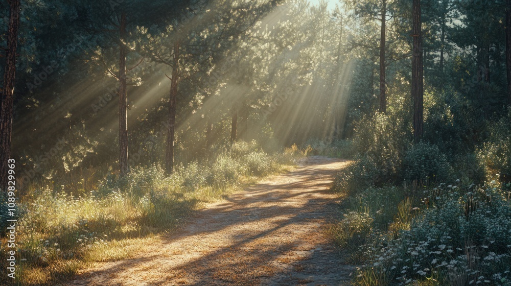 Fototapeta premium The pine forest road was illuminated by bright rays of sunlight. Morning sun beams in a gorgeous landscape. 