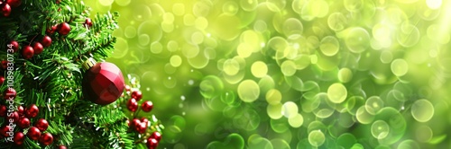 Christmas tree banner with red and green ornaments stands against a blurred background of bokeh festive lights, creating a banner-like composition suitable for web design or advertising.
