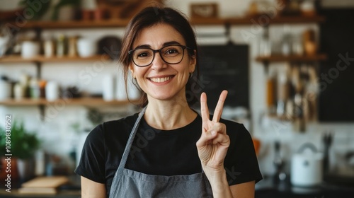 A cheerful woman with glasses and a gray apron smiles and makes a peace sign with her hand, standing in a kitchen with shelves of jars and utensils in the background