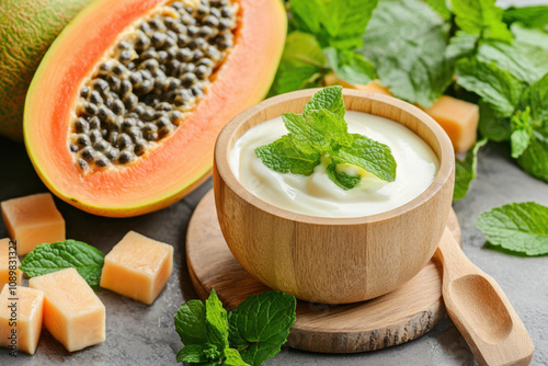 Greek yogurt. A fresh papaya alongside a bowl of creamy yogurt, garnished with mint leaves, and surrounded by mint and colorful gelatin cubes.