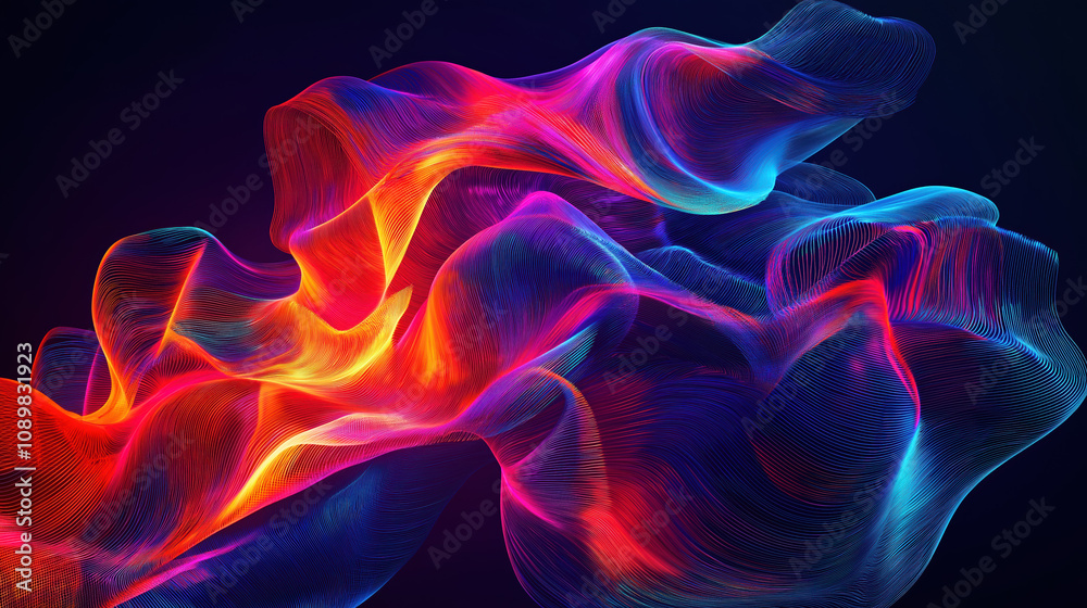 Fototapeta premium A kinetic abstract composition with glowing geometric shapes in motion, vibrant neon palette. Trend, Trending 2025, Trending art.