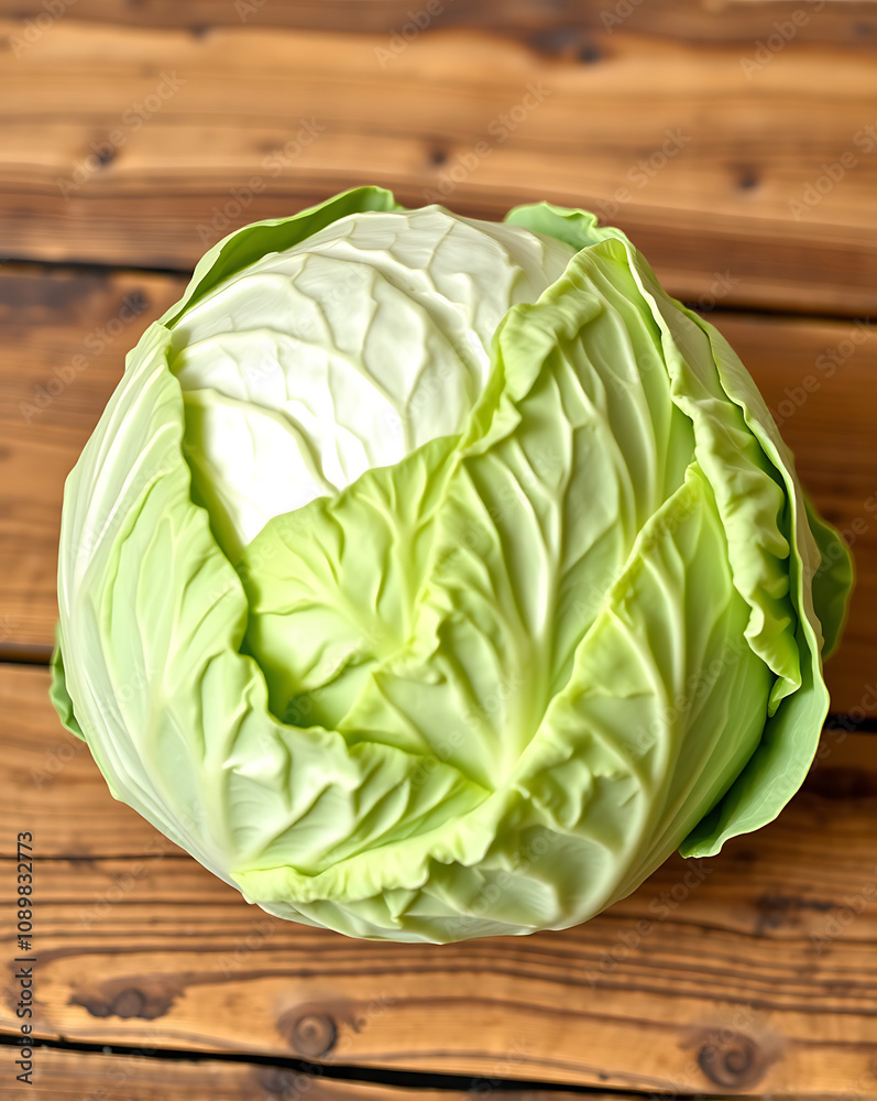 Fototapeta premium A single green cabbage with tightly layered leaves sits on a wooden table