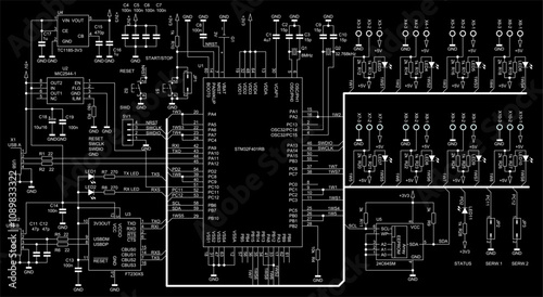 Schematic diagram of digital electronic device 
on paper sheet. Vector drawing electrical circuit with 
integrated circuit, led, controller,
capacitor, resistor, usb connector, other components.