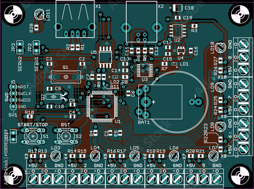 Vector printed circuit board of electronic device with components of radio elements, 
conductors and contact pads placed on pcb. Engineering technical educational drawing. Computer technic cad design.