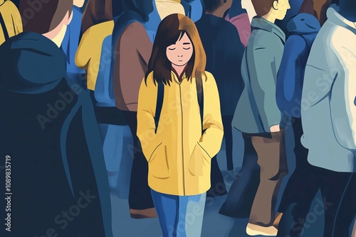 Teenager girl stands lonely in the crowd