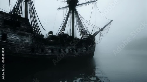 Slow motion spooky ghost ship in fog on calm water. Flying dutchman at night. Mystery concept for Halloween, maritime and historical events. Pirate schooner, brigantine, frigate for naval drama film