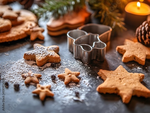 Close-up of cookie cutter and cookies on table photo