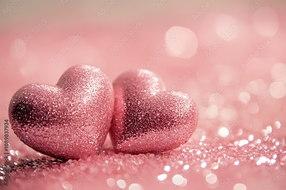 Fototapeta premium Soft pink background with shimmering hearts