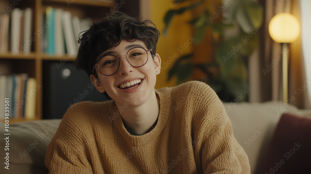 Fototapeta premium Cheerful young woman with short curly hair wearing glasses and a cozy sweater, smiling on a sofa, home relaxation concept, warm ambiance, lifestyle photography, bookshelf in background