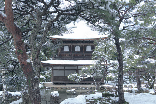 Ginkakuji temple in the snow in Kyoto, Japan.