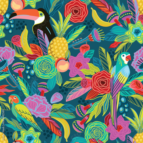 Vector seamless pattern with flowers, fruits, birds, musical instruments. Brazil carnival. Design templates for carnival concept and other
