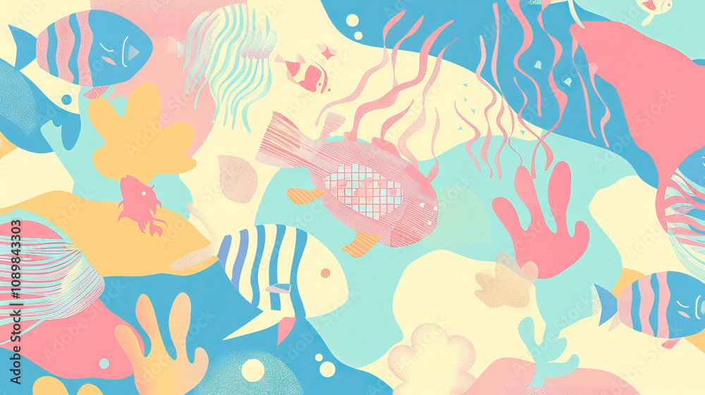 Naklejka premium Colorful Underwater Scene Illustration with Vibrant Fish and Coral Patterns. Concept of Ocean Life, Marine Biodiversity, and Aquatic Art. Background