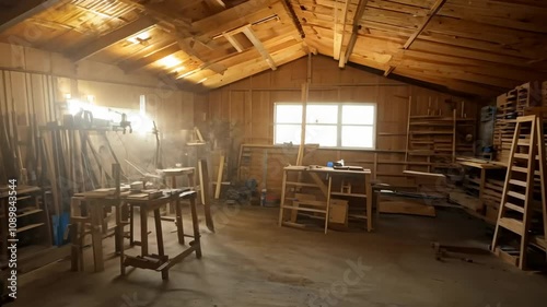 Large woodworking shop with wooden walls, tools, sunlight, and workbenches, highlighting a traditional craft space.
 photo