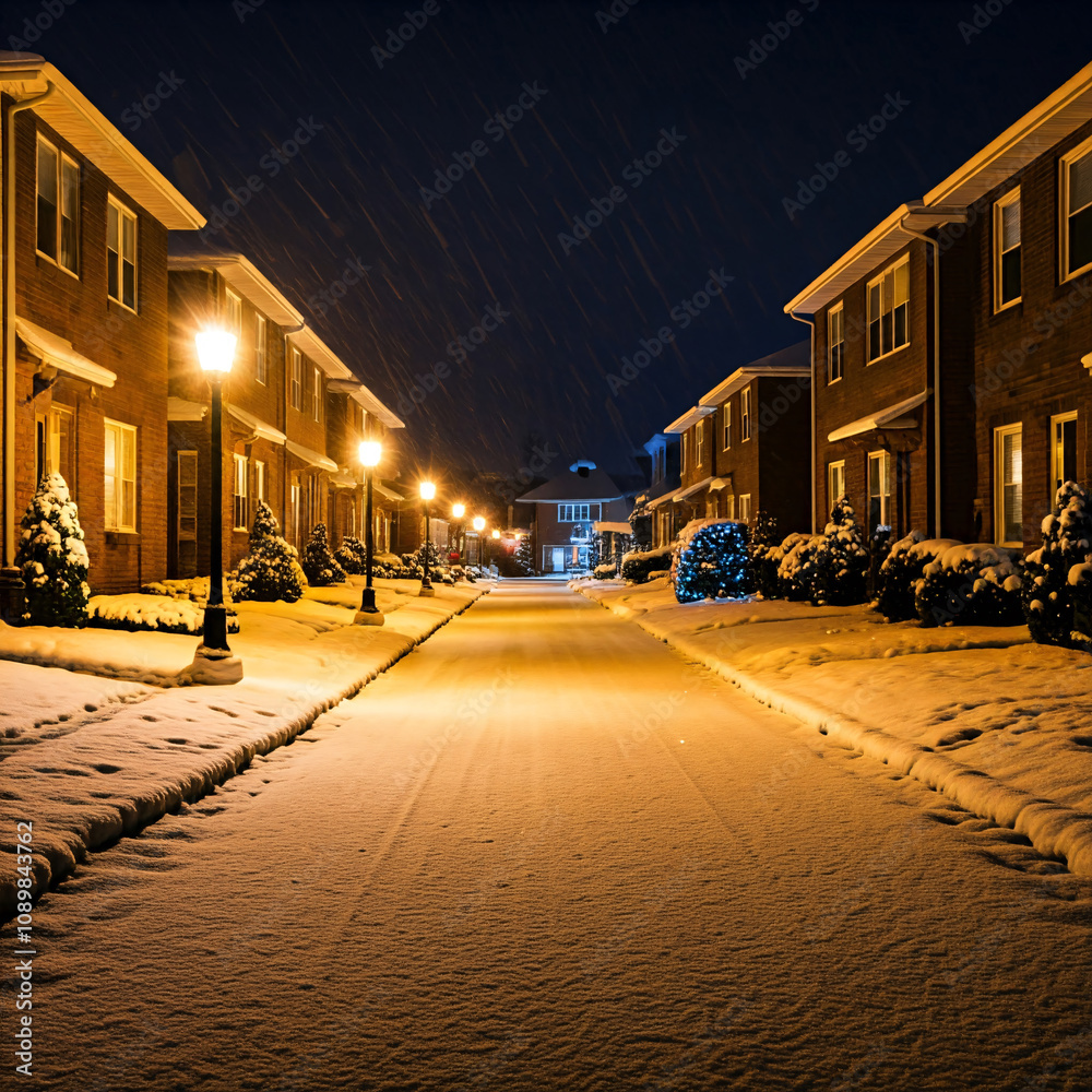 Obraz premium A picturesque winter street adorned with twinkling lights, casting a warm glow on the snow-covered ground and historic buildings