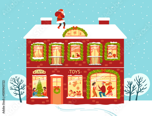 Christmas House with Happy People Celebrating Holidays. Vector Illustration in Trendy Vector Style for Print, Cards, Posters, Covers, Puzzles, Seasonal Decor