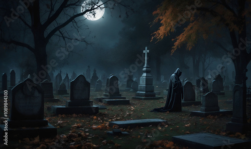 The moon illuminates a graveyard with grave engraving and standing figure. photo