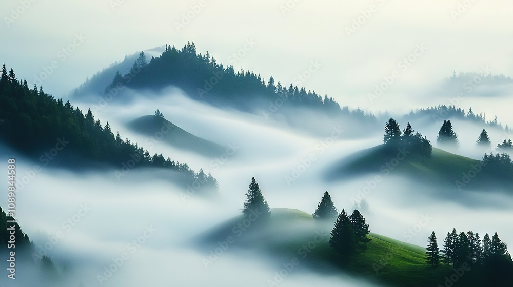 Obraz premium A mountain landscape with pines in the foreground and low clouds behind