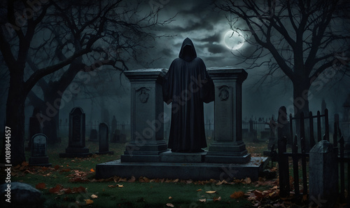 The moon illuminates a graveyard with grave engraving and standing figure. photo