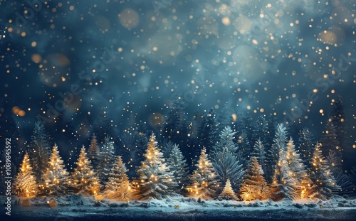 with lights on a dark blue background with falling snowflakes. A New Year and Christmas night scene. Elegant Winter Wonderland: Green and Gold Festive Background