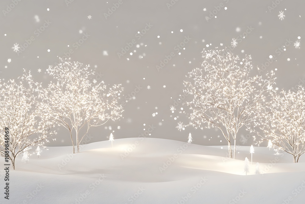 Fototapeta premium Simple winter scene with snowflakes and light trees on a plain background