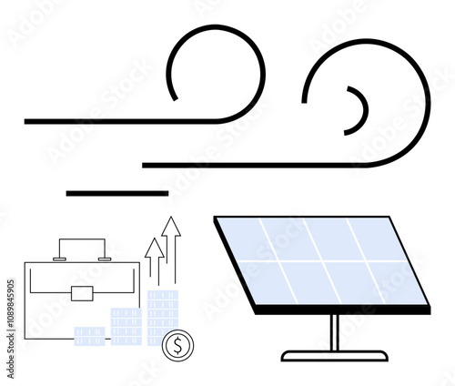 Solar panel collecting energy, wind energy symbols, and business briefcase with financial growth graphs. Ideal for renewable energy, business growth, sustainability, green technology, economic