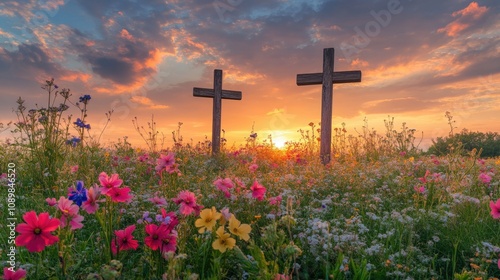 Serene Morning: The Cross Illuminated by Autumn Sunrise on a Meadow, Symbolizing Ascension and Spiritual Awakening photo