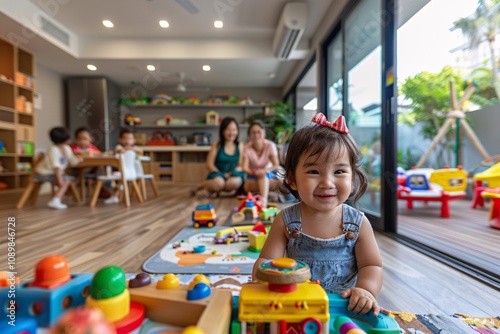 A cheerful toddler with a bow smiles while engaged with vibrant toys in a spacious play area, surrounded by other children and adults enjoying their time together