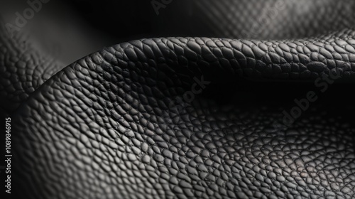 Close up of texture black leather with natural folds and fine grain. Elegance and material concept for branding, fashion and product presentation photo