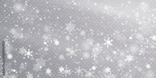 Winter background with snowstorm effect and snowflakes. Vector texture of cold Christmas snowstorm with snowflakes on transparent background.	